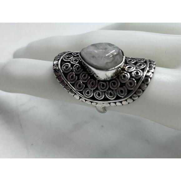 Sterling Silver Teardrop Moonstone Swirl Scrolls Bali Detail Long Ring Sz 7.5 - Picture 6 of 16